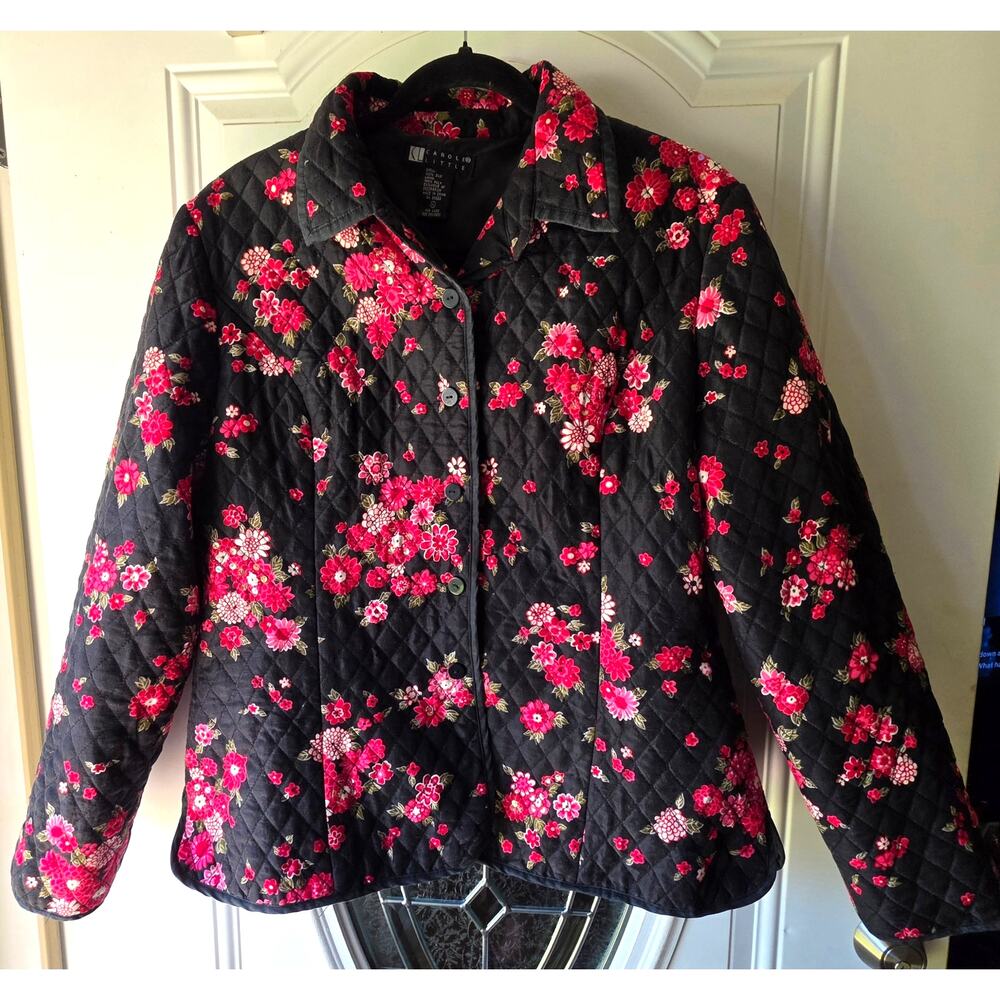 Carole Little Women XL 100% Silk Quilted Floral Jacket Black Pink Asian Inspired